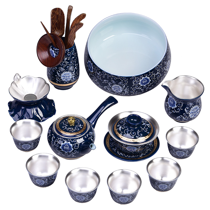 Jingdezhen high - grade enamel silver tea set 999 sterling silver suit household kung fu tea set office to receive a visitor the teapot