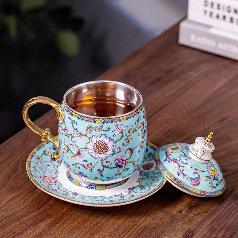 Jingdezhen colored enamel glass ceramic palace personal special cups with cover handle high - grade office cup silver cup