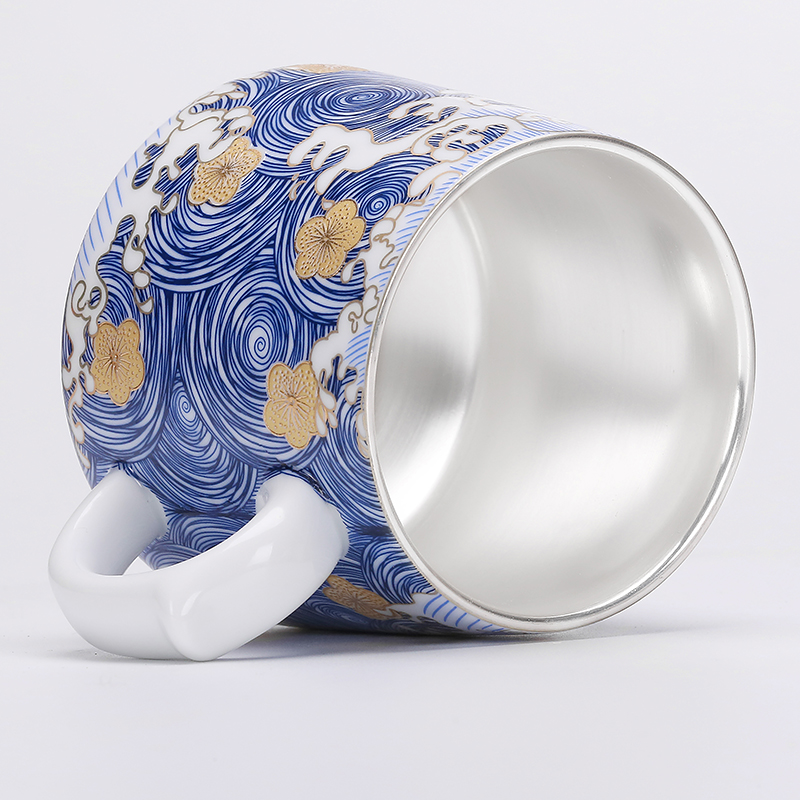 Jingdezhen silver cup 999 sterling silver colored enamel porcelain cup tea separation cup personal office cups with cover