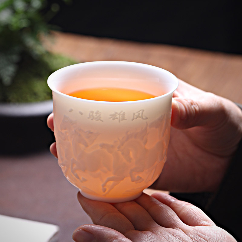 Anaglyph dehua white porcelain kung fu tea cups personal special tea master cup single CPU suet jade heart sutra cup cup