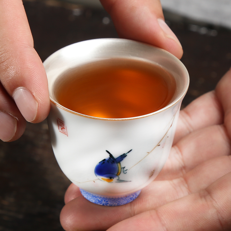 Jingdezhen hand - made small cup silver cup silver 999 kung fu tea set enamel - lined coppering. As silver tea fragrance - smelling cup