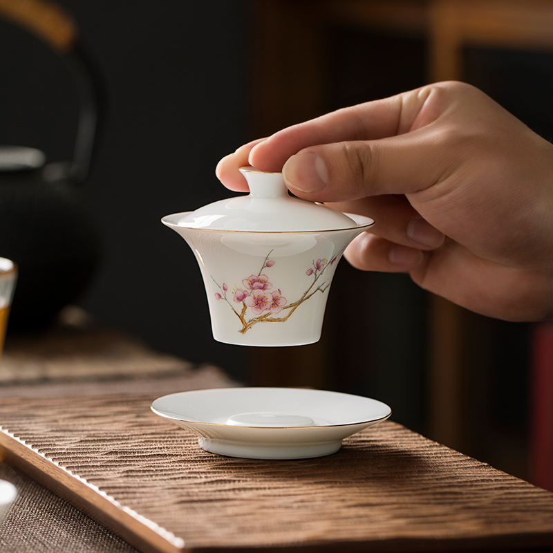 Jingdezhen pure manual thin body white porcelain tureen cup single kunfu tea mercifully with a bowl with water chestnut try small bowl