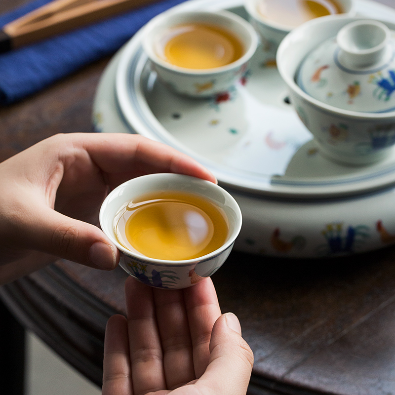 Jingdezhen bucket color chicken cylinder 2 cup tea sets, small ceramic household dry tea tray storage simple restoring ancient ways