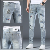Hong Kong Tide brand light-colored jeans mens summer thin hole patch scraping elastic slim feet hot diamond mens pants