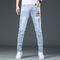 Hong Kong high-end embroidered light-colored jeans mens Tide brand Joker slim slim feet thin mens pants summer thin
