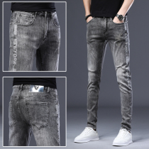 Hong Kong 2021 autumn high-end tobacco gray jeans mens print fashion brand personality mens trousers slim foot pants
