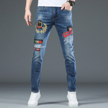 Hong Kong Mens Tide Brand Jeans Embroidery Personality Slim Mens Pants Spring and Summer Youth Stretch Pants Thin