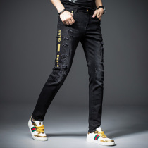 Hong Kong summer Tide brand hole jeans mens black print personality slim feet Korean trend mens pants