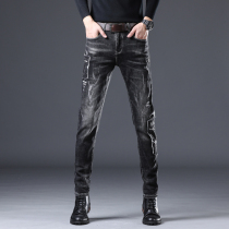 Hong Kong 2021 summer new black jeans mens thin perforated tide brand personality patch slim-fitting small pants