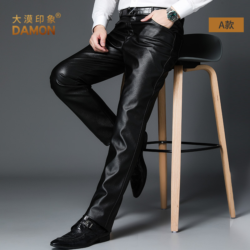 Middle Aged Leather Pants Men Genuine Leather Cow Leather Pants Men Thickening Loose Waterproof Leather Cotton Pants Autumn Winter Daddy Clothes