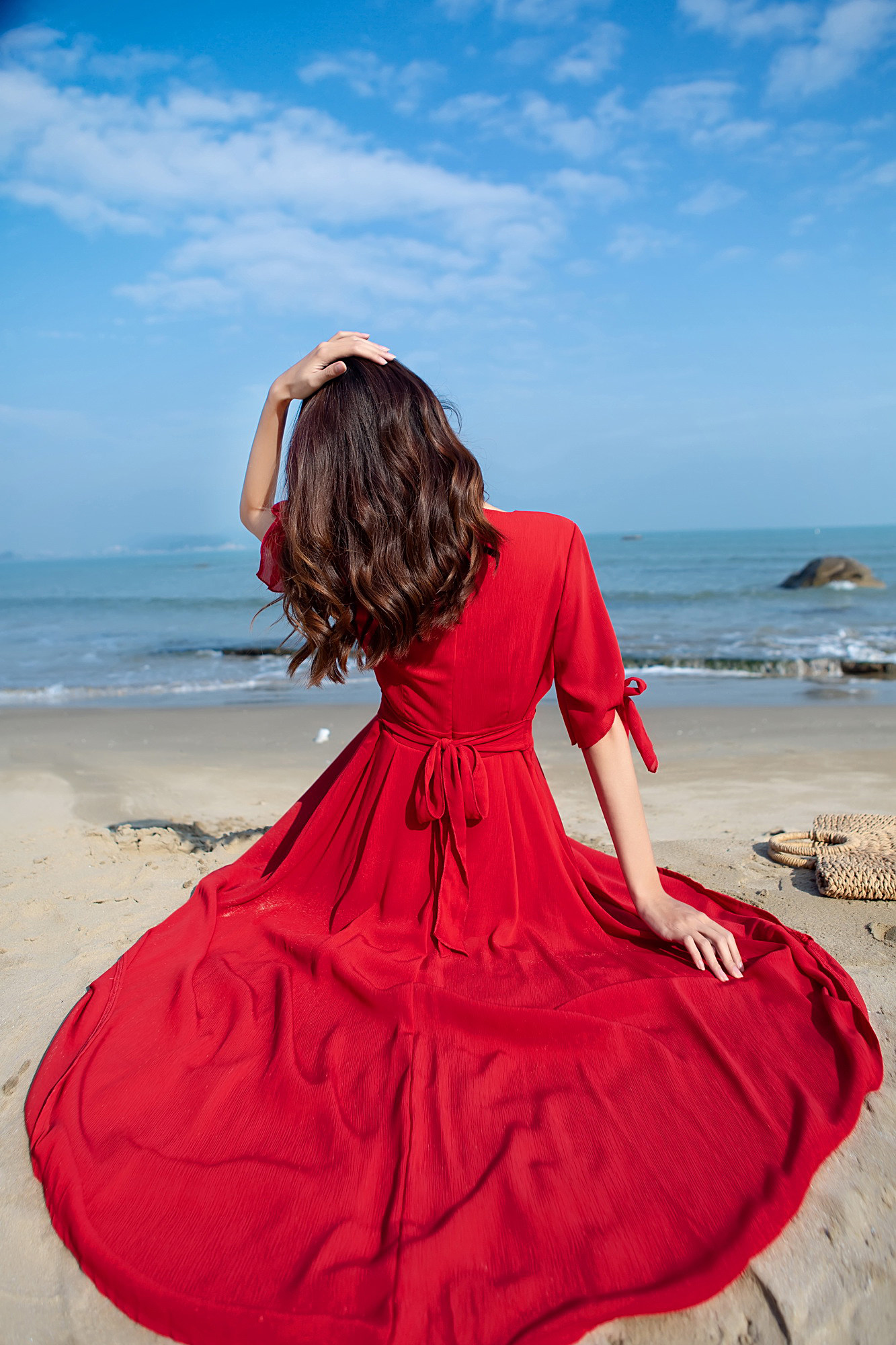 5116大量现货高腰显瘦新款红色度假风雪纺收腰修身气质v领连衣裙 - 17