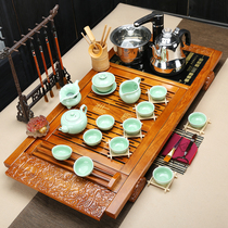 Tea set Household simple ice crack purple sand glass Celadon ceramic Kung fu solid wood tea plate Tea table tea sea set