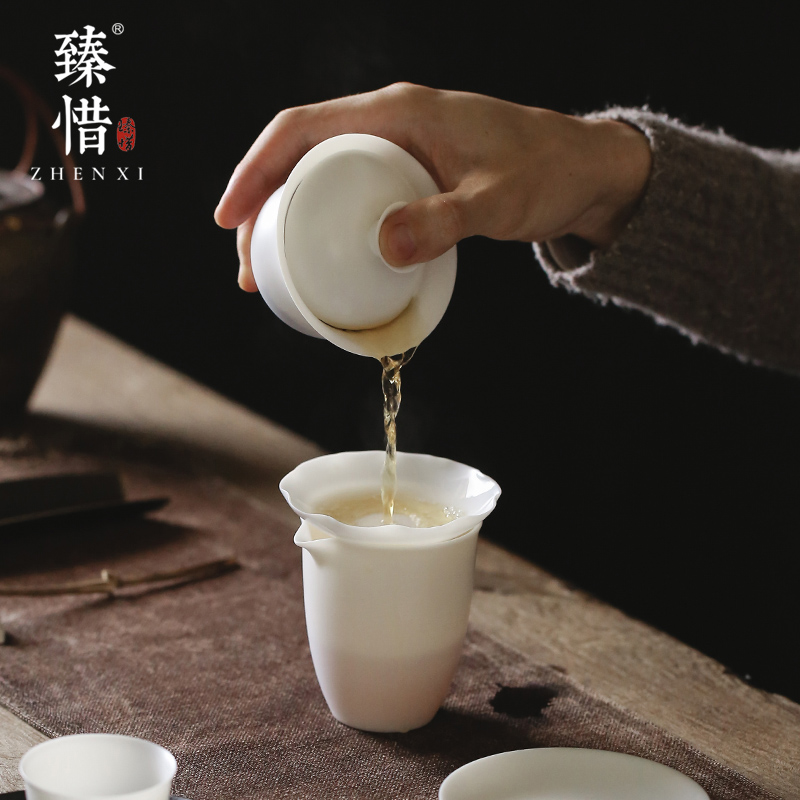 Become precious little super thin foetus biscuit firing suet jade white porcelain kung fu tea tureen suit household make tea cup set