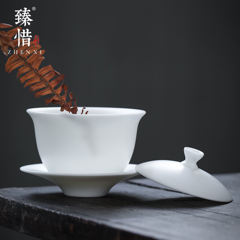 Become precious little listening only three tureen suet jade white porcelain teacup dehua high - end kung fu tea set large household gifts