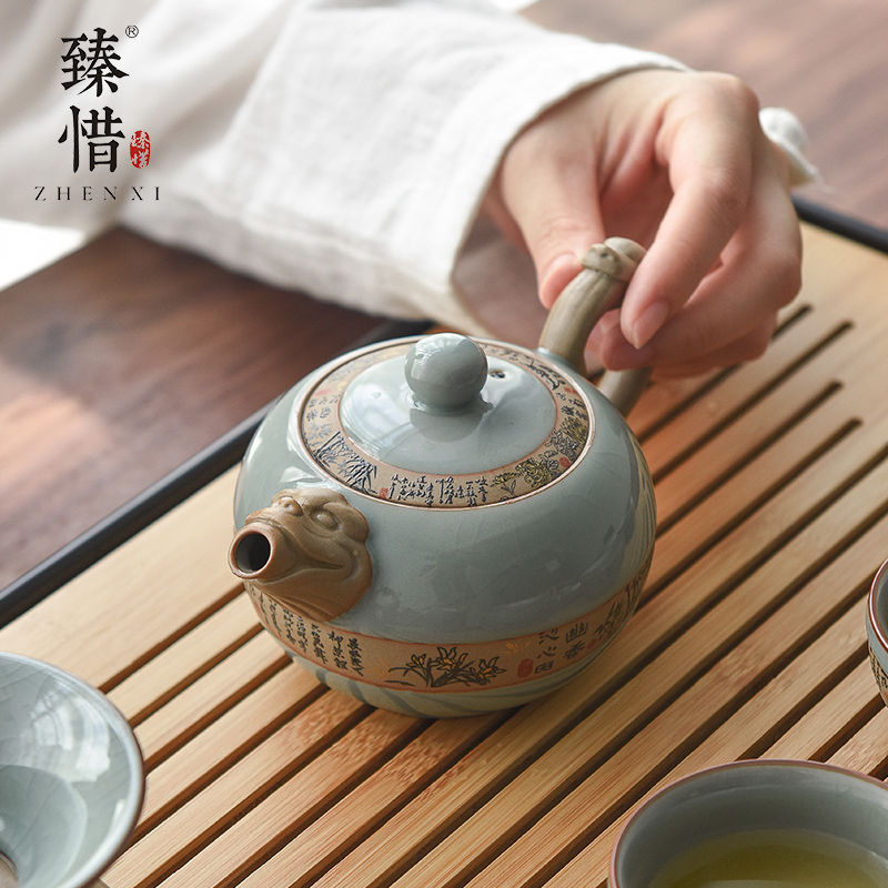 Become precious little teapot teacup lie longge up ceramic kung fu tea set suit household contracted manual single pot teapot