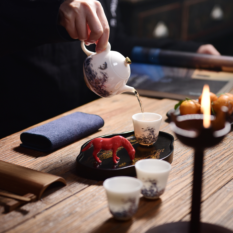 "Precious little cross the jingshan room diving sea kung fu tea set household paint plate at this time the see colour white porcelain teapot teacup