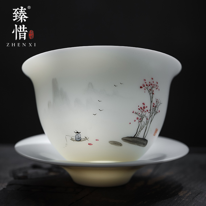 Become precious little hand - made with water up to the mountain jade suet white porcelain three tureen high - end kung fu tea bowl cups of household