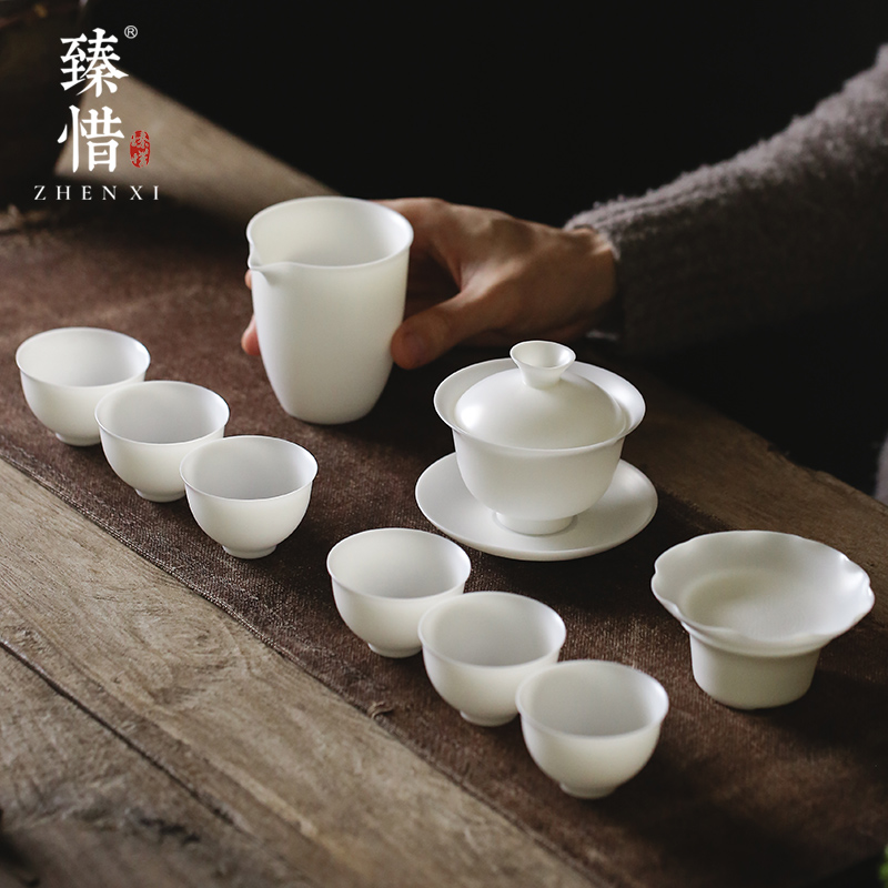 Become precious little super thin foetus biscuit firing suet jade white porcelain kung fu tea tureen suit household make tea cup set