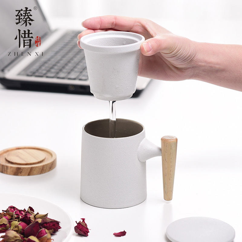 Become precious little wooden handle, ceramic filter mark cup with cover teacup large - capacity glass tea cup home office