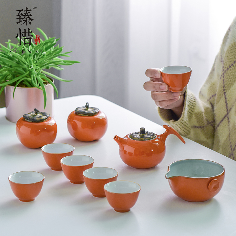 Become precious little persimmon persimmon ruyi creative ceramic kung fu tea set household persimmon modeling teapot teacup dry tea set