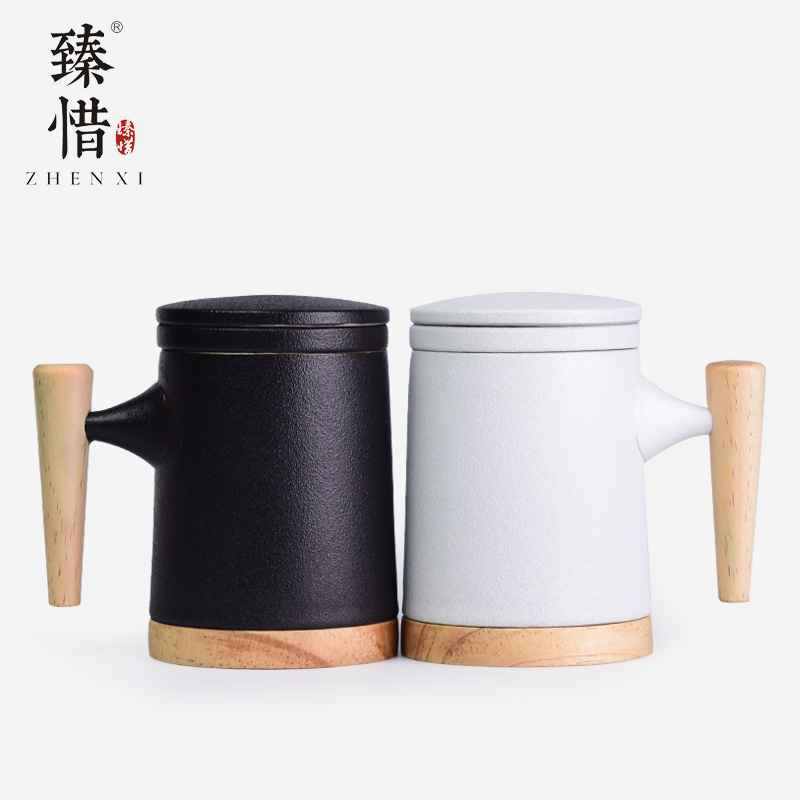 Become precious little wooden handle, ceramic filter mark cup with cover teacup large - capacity glass tea cup home office