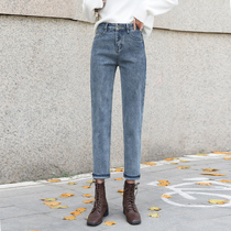 High-waisted jeans womens spring 2021 new female Korean loose slim straight Joker Harlan Daddy pants