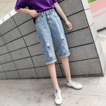 Hole denim shorts womens high waist long loose thin five-point old man over the knee straight tube Hong Kong flavor 5 points breeches