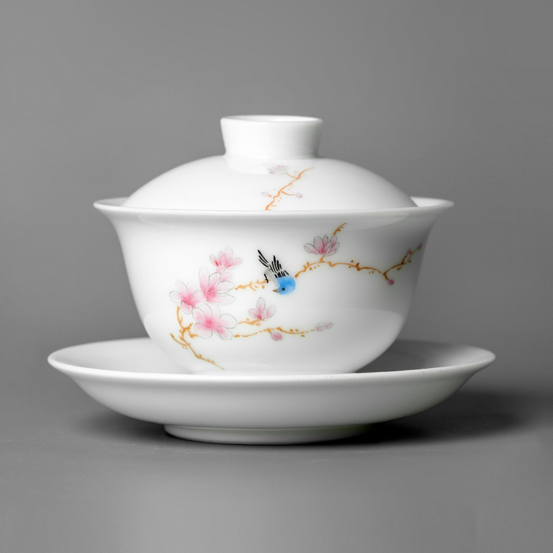 Jingdezhen hand - made three tureen teacup only protect hot large kung fu bowl is pure manual yulan flower, white porcelain tea set