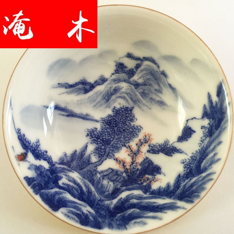 Flooded three tureen jingdezhen only hand - made wooden powder enamel paint pick flowers landscape tureen yellow time tea bowl with the whole