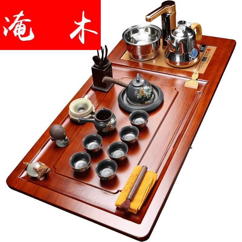 Submerged wood blocks hua limu tea tray and four automatic induction cooker purple ceramic kung fu tea set