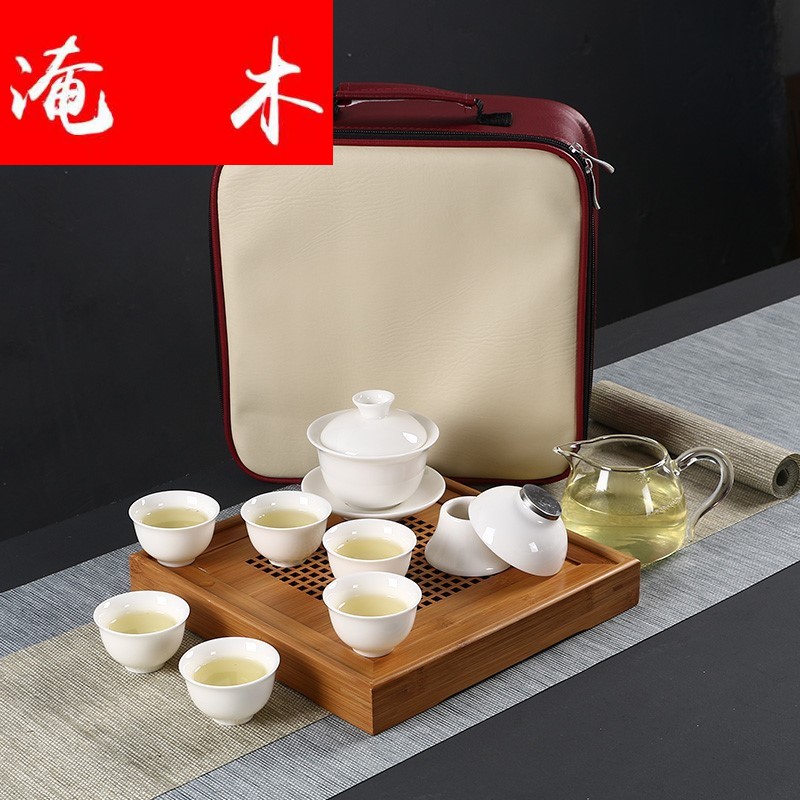 Flooded wooden Japanese dehua white porcelain tureen travel kung fu tea set 6 cups contracted high white porcelain teacup portable