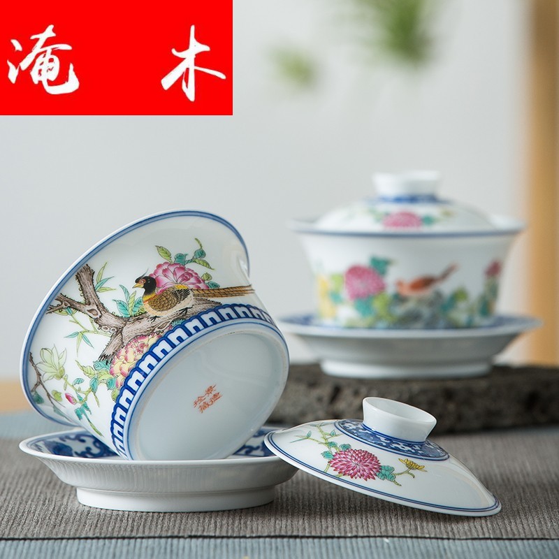 Submerged wood jingdezhen high hand - made powder enamel only three bowl of tureen household kung fu tea set ceramic tea bowl can be