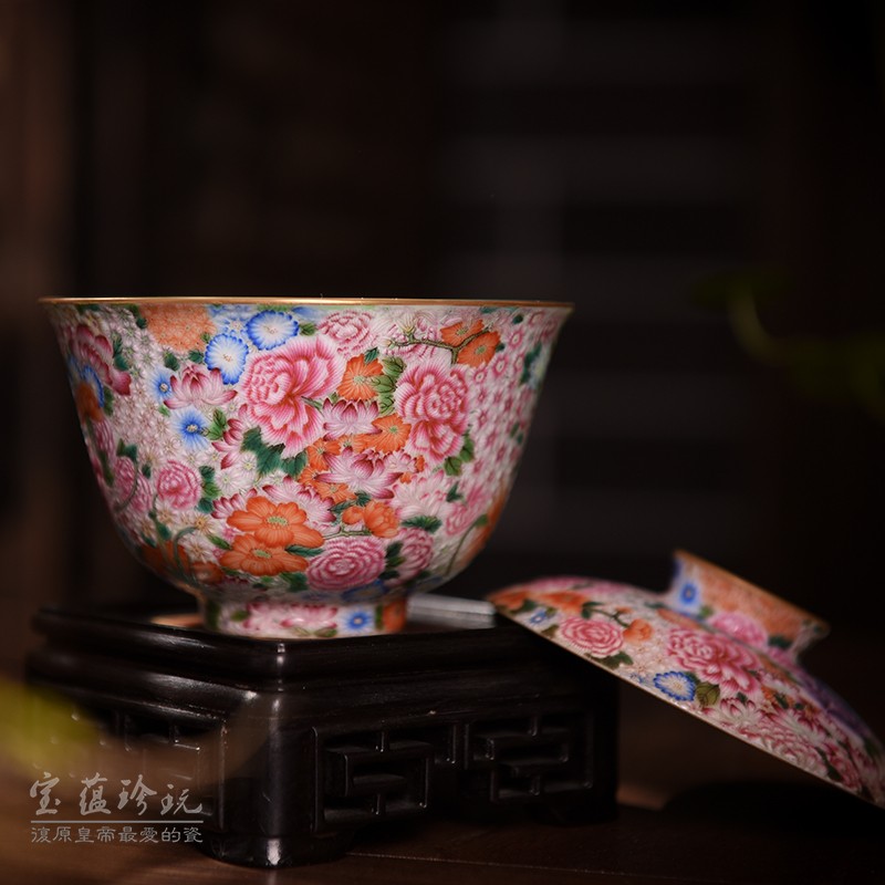 Submerged wood jingdezhen ceramic tea set kung fu tea powder enamel sample tea cup single CPU hand - made flowers colored enamel tureen