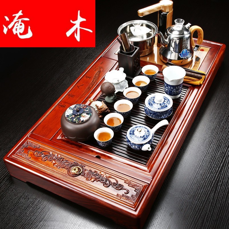 Flooded wooden household hua limu tea tray was purple sand pottery and porcelain of a complete set of kung fu tea cup set automatic water induction cooker