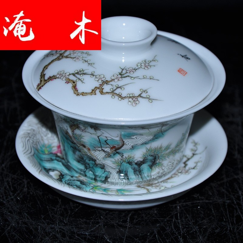 Flooded jingdezhen famous Jin Hongxia hand - made wooden g famille rose porcelain tea tureen only three cup "crane, mei"