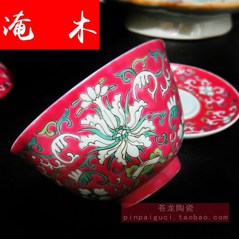 Flooded large wood powder enamel tureen jingdezhen ceramics manual hand red ocean lotus dragon only three tureen bowl tea cups