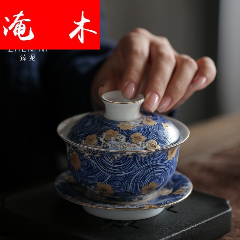 Submerged wood jingdezhen three to bowl of blue and white porcelain enamel tureen checking enamel household kung fu tea worship