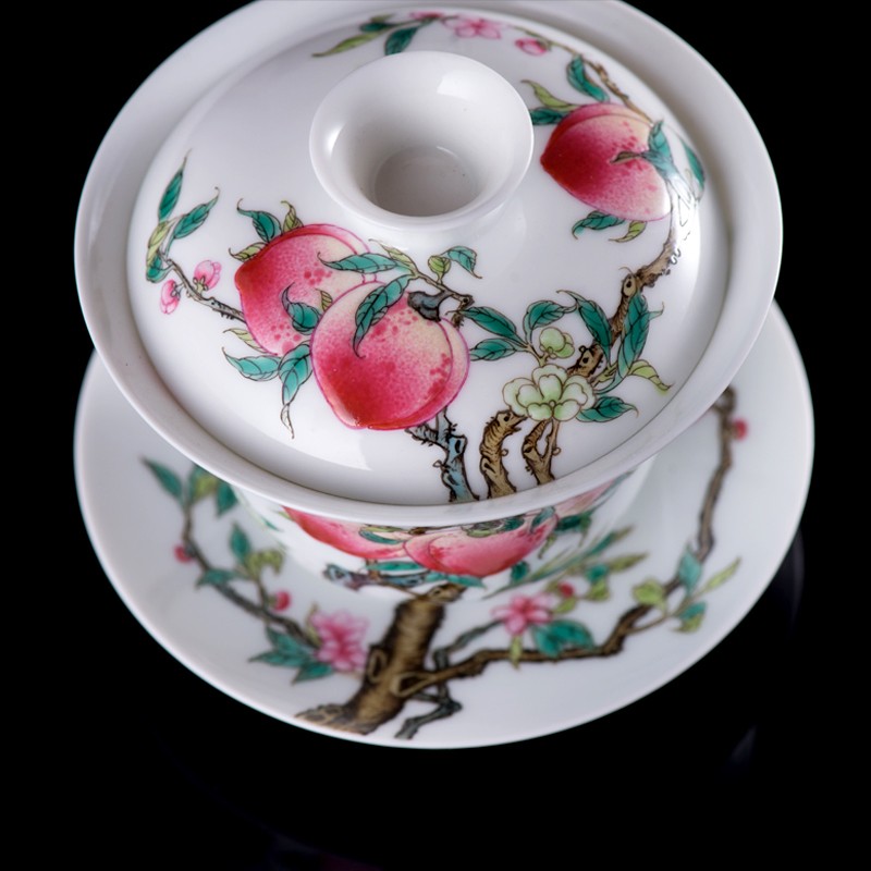 Flooded hand pastel peach wood collection only three tureen tea cups of jade mud manual jingdezhen ceramic tea bowl of kung fu