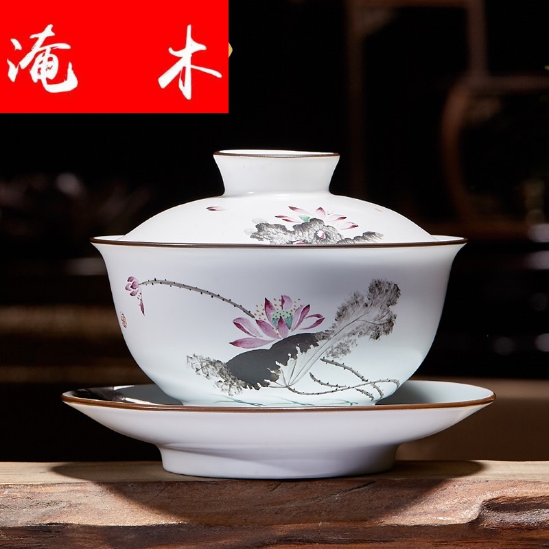 Flooded large only three tureen hand - made wooden jingdezhen ceramics powder enamel fat white bowl tea cups of tea bowl of kung fu