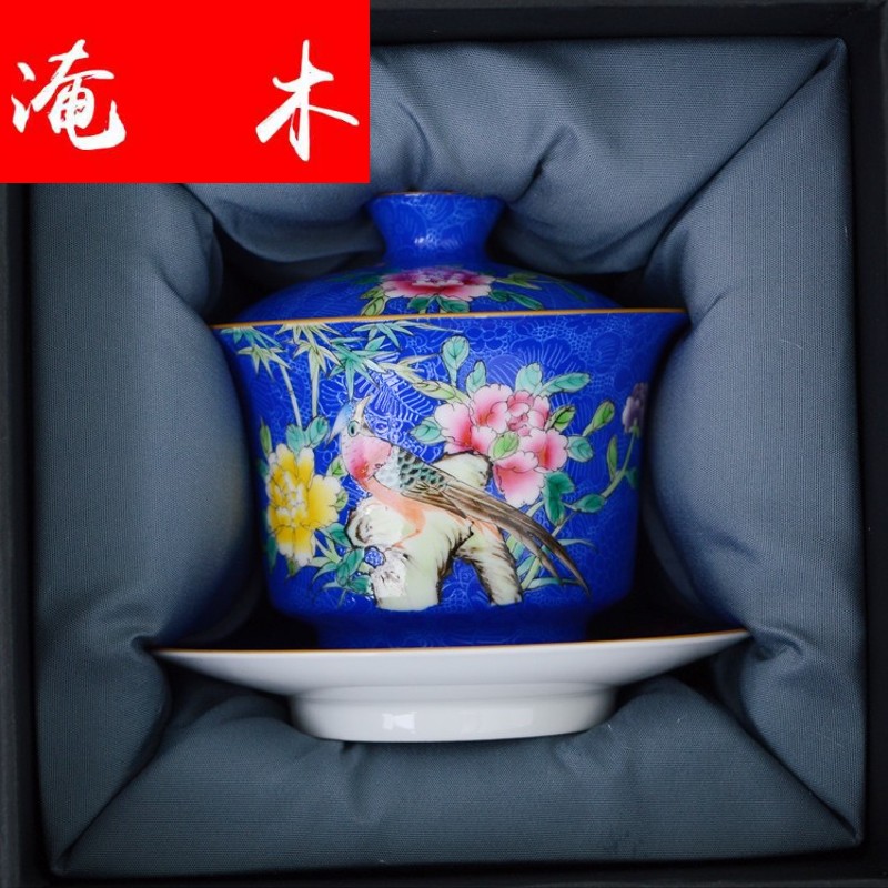 Submerged wood jingdezhen manual pick flowers tureen ceramic checking kung fu tea set hand - made paint powder enamel three to cover