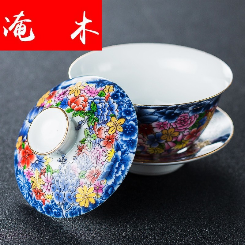 Flooded wooden flower splendid colored enamel tureen kung fu tea set three bowl of household manual large jingdezhen tea bowl