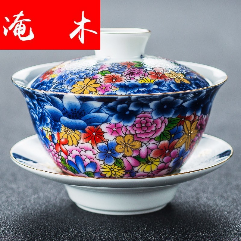 Flooded wooden flower splendid colored enamel tureen kung fu tea set three bowl of household manual large jingdezhen tea bowl