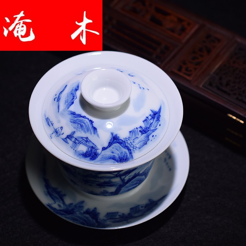 Submerged wood jingdezhen all hand tureen pure hand draw three cups to make tea bowl of blue and white porcelain landscape kung fu tea set