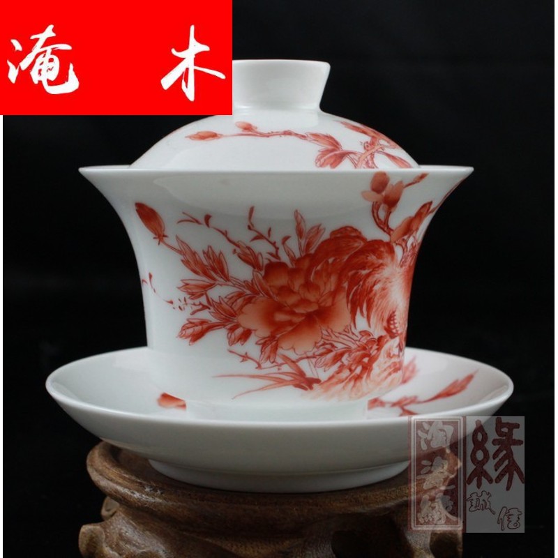 Submerged wood jingdezhen hand - made famille rose porcelain tea tureen three cup [business] bowl with water chestnut rice cup