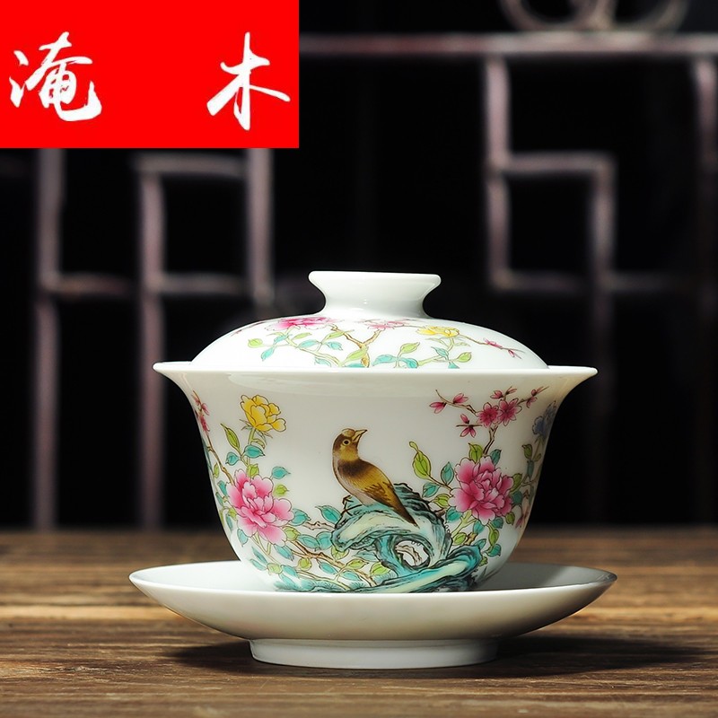 Submerged wood jingdezhen hand - made ceramic tureen tea service manual powder enamel three bowl of kung fu big yards of tea cups