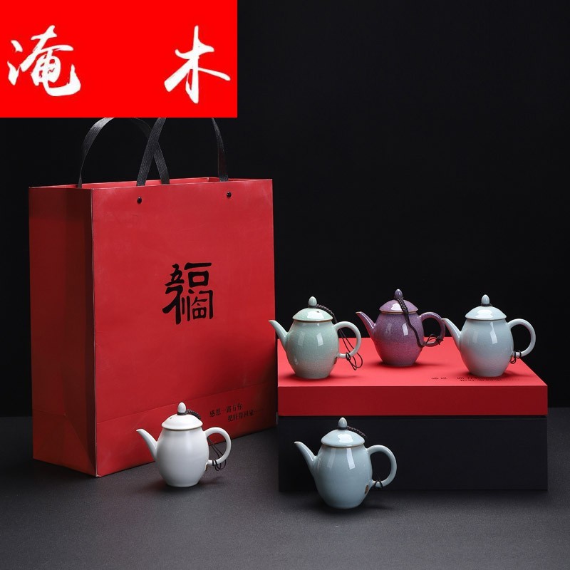 Submerged wood brother officer RuJun set five ancient jun teapot undressed ore ceramic cups kung fu tea set small personal hand