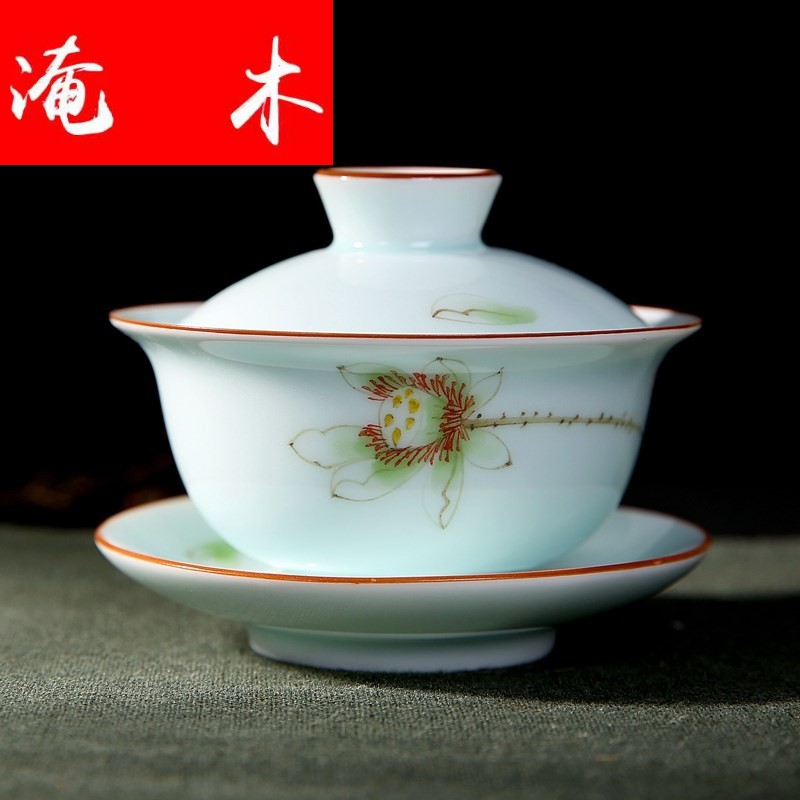 Flooded jingdezhen wood powder enamel hand - made ceramic tureen tea cup tea bowl of kung fu tea set three bowl of worship