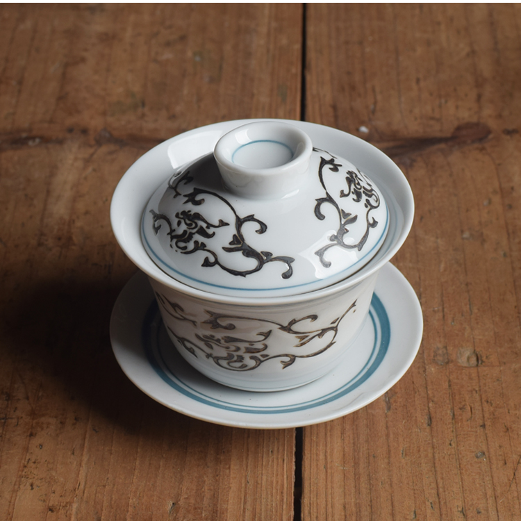 Submerged wood working chaozhou goods inventory old three to bowl of tea tureen ready fengxi old porcelain industry dust under the glaze carving series three cups