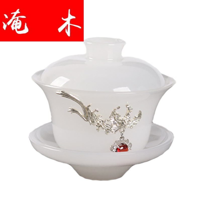 Submerged wood dehua white porcelain tea bowl creative silver longfeng only tureen white porcelain kung fu tea set of three