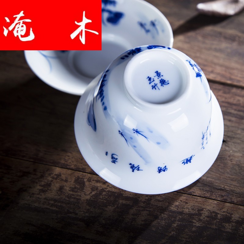 Submerged wood hand - made jingdezhen blue and white tea under the glaze color high white porcelain kung fu tea bowls three to worship the teacup